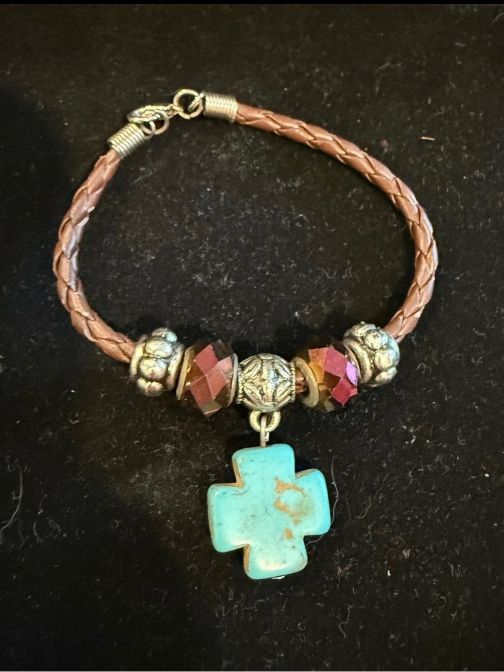 Turquoise Cross Charm Braided Leather Bracelet - Women Jewelry